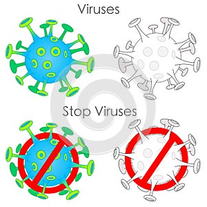 Coronavirus collection.  Forbidden SOLID 19, stop corona, 2019 - nCoV, no SARS icon set. Green yellow black Corona virus.  Pandemi