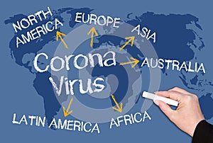 Coronavirus concept on blue world map background