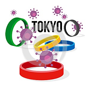 Coronavirus concept - competition cancellation. Group of colored vector rings and viruses around with word `Tokyo` at the back.