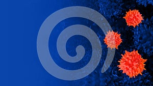 Coronavirus concept. Dark blue CGI background with red viruses and place for text.