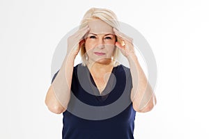 Coronavirus concept - middle age female woman suffer head pain headache migraine isolated on white background copy space