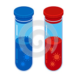 Coronavirus concept. Two glass vials with red and blue fluid and viruses in it. Isolated on white background.