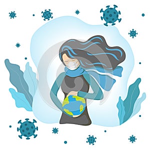 Coronavirus concept. woman in medical face mask holds planet in hand and saves it from flying around coronaviruses