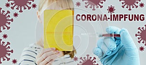 CORONAVIRUS - CORONA IMPFUNG STOPP COVID-19 - Arzt mit Spritze in der Hand mit Corona-Impfstoff, MÃ¤dchen mit Impfpass ,