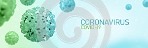 Coronavirus, Covid-19, 3D illustration. Blue cell white background. banner web format. Microscopic view of floating virus cells.