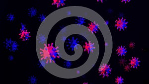 Coronavirus COVID-19 3D illustration with red and blue contagious virus cells on abstract dark scientific background for