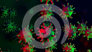 Coronavirus COVID-19 3D illustration with red and green contagious virus cells on abstract dark scientific background