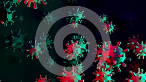 Coronavirus COVID-19 3D illustration with red and green contagious virus cells on abstract dark scientific background
