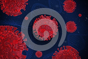 Coronavirus covid-19 artistic rendering in red colors with adn chain