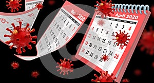 Coronavirus covid-19 on calendar april 2020 monthly  flying pages isolated red - 3d rendering