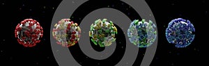 Coronavirus Covid-19 closeup banner of 5 variants. New strain omicron 3d illustration