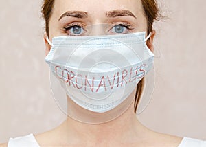 Coronavirus covid-19 concept. face of young woman girl in medcal mask