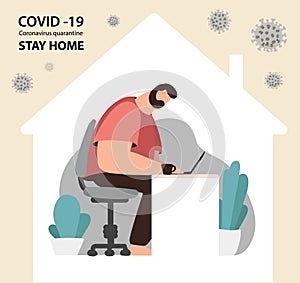 Coronavirus COVID-19. Conceptual Quarantine Poster Stay and work Home. a man sits at a computer in house with viruses