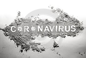 Coronavirus covid-19 danger word drawing in dust, dirt, ash as virus disease threath