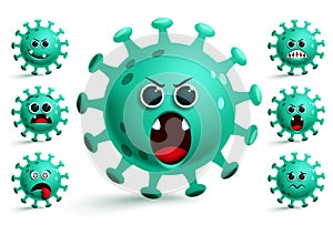 Coronavirus covid-19 emoji vector set. Green covid-19 corona virus smileys emoji and emoticon.