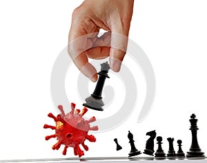 Coronavirus covid 19 fight protection chess pawns hand and virus - 3d rendering