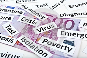 Coronavirus, COVID-19 headline clippings on 500 Euro banknote