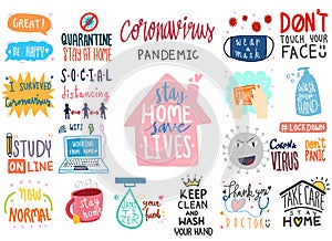 Coronavirus covid-19 lettering doodle banner digital sticker concept. collection set of illustration hand drawn cartoon lettering