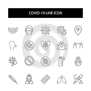 Coronavirus Covid-19 line icons set isolated on white. Perfect outline health medicine symbols pandemic banner