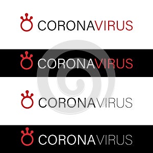 Coronavirus COVID-19 name word text of sign for news header , vector black isolated on white with red accent microbe virus shape