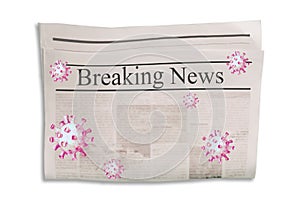 Coronavirus Covid-19 news. Newspaper with headline Breaking News on horizontal surface with flying virus