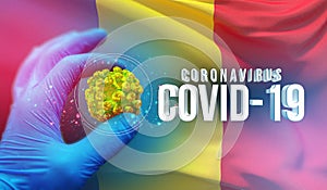 Coronavirus COVID-19 outbreak concept, health threatening virus, background waving national flag of Romania. Pandemic