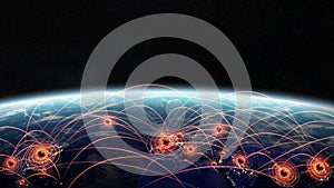 Coronavirus Covid-19 pandemic spreading in the world between countries and infecting population 3D rendering