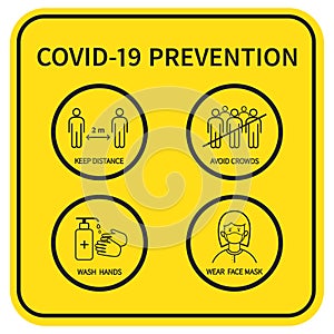 Coronavirus COVID-19 Prevention concept. Flat line icons set. Social distancing, Avoid crowds, Wear face mask, Wash hands.