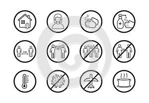 Coronavirus COVID-19 Prevention concept. Flat line icons set. Social distancing, Stay at home, Avoid crowds, Wash hands.