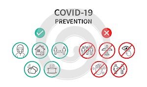 Coronavirus COVID-19 Prevention concept. Flat line icons set. Social distancing, Stay at home, Avoid crowds, Wash hands.