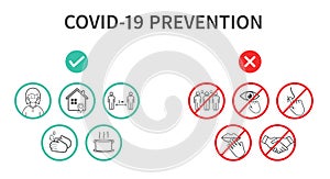 Coronavirus COVID-19 Prevention concept. Flat line icons set. Wear a face mask, Social distancing, Stay at home, Avoid crowds.