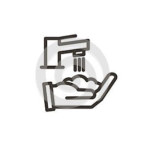 Coronavirus covid-19 prevention hand washing illustration. Vector thin line icon with hands sanitizing with water and soap. Simple