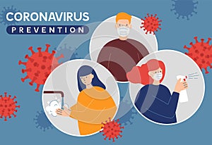 Coronavirus Covid-19 prevention instructions: wash hands, wearing face mask and sanitizing
