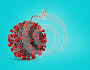 Coronavirus covid-19 ready to explode like a bomb. Concept of dangerousness. cyan background