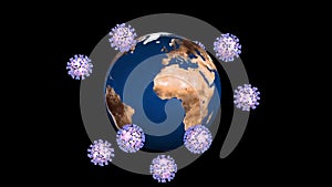 Coronavirus covid 19 revolves around the Earth. Black background.