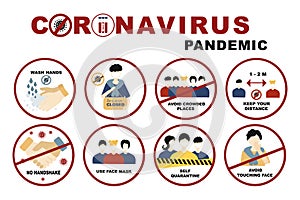 Coronavirus, covid-19 sign set No handshake and wash hands, Self quarantine and avoid crowded places, use face mask and  keep