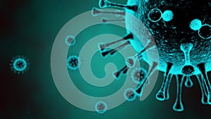 Coronavirus Covid-19, under the microscope. The camera flies around the coronaviruses.