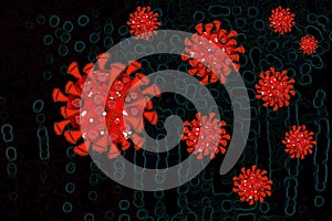 Coronavirus COVID-19 under the microscope, virus floating in a cellular environment , coronaviruses influenza background, viral di