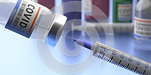 Coronavirus Covid 19 Vaccination. Medical injection syringe and vial with vaccine on pharmacy background. 3d illustration