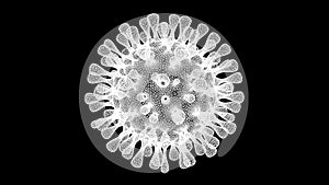 Coronavirus Covid-19 viral cell infection causing disease on black background. Pneumonia viruses, H1N1, SARS, Flu, cell infect org