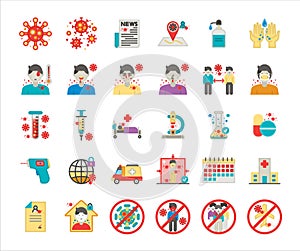 Coronavirus or covid-19 virus icons set for infographic or website. Conceptual sign and symbol created with grids for pixel