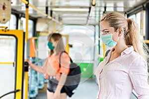 Coronavirus, covid 2019, young woman with respiratory mask traveling in the public transport