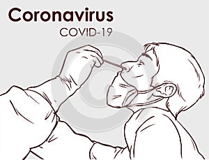 Coronavirus COVID-19 diagnostics. Doctor wearing full antiviral protective gear making nasal swab test for patient. stock photo