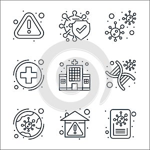 Coronavirus covid line icons. linear set. quality vector line set such as news, quarantine, covid, dna, hospital, healthcare,