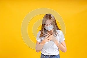 Coronavirus covid 19 mask protects filter of Young asian woman cough infection her is sick