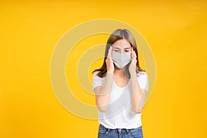 Coronavirus covid 19 mask protects filter of Young asian woman cough infection her is sick