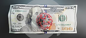 Coronavirus Covid19 on one hundred dollar bill. Economic crisis photo