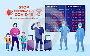 Coronavirus covid- 19. People at the airport. Vector flat illustration. Display board Cancelled. Airport suspends all