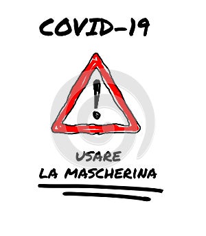 Coronavirus Covid-19 public poster with a red warning triangle and the text in talian `usare la mascherina` photo