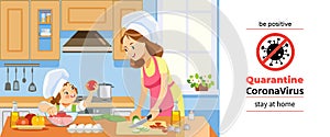 Coronavirus or Covid-19 quarantine. Mother and kid girl preparing healthy food at home together. Family cooking at home